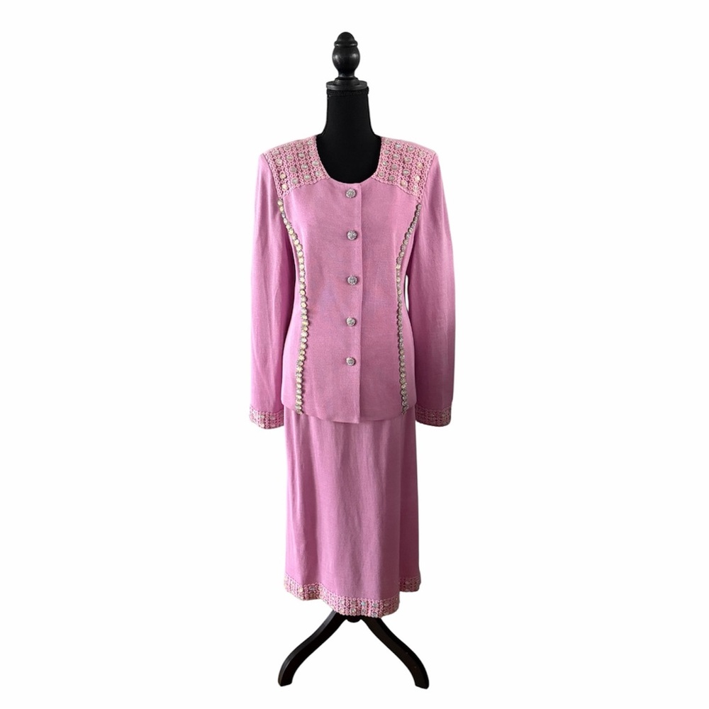 Donna Vinci Knits Pink 2pc Skirt Suit w/Elaborate Rhinestones, Size 18